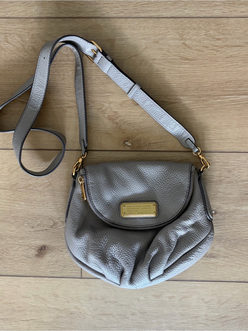 Marc Jacobs Pebbled Gray Leather Crossbody with Gold Hardware